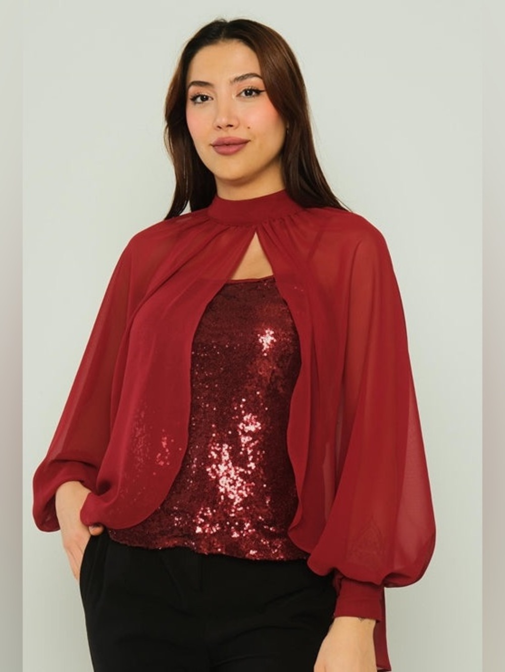 Women's Red Sequin Shell with Sheer Cape Overlay